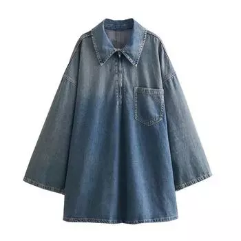 Женское универсальное свободное джинсовое платье с лацканами на весну/лето - Simple Fashion XXL