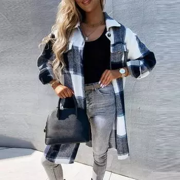 Женское утепленное пальто-рубашка в клетку, осенне-зимнее полушерстяное пальто, теплые длинные клетчатые пальто, женские элегантные повседневные куртки оверсайз в стиле ретро L чёрный