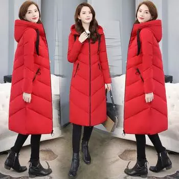 Женское утепленное пальто с капюшоном, длинная тонкая куртка-пуховик L красный