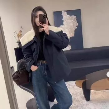 Женское утепленное пальто с лацканами, на теплой хлопковой подкладке, новая коллекция зимы 2025, свободное, повседневное, с темпераментом, универсальное M тёмно-синий