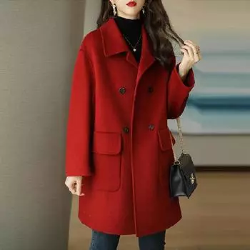 Женское утепленное тонкое твидовое пальто средней длины на осень и зиму S