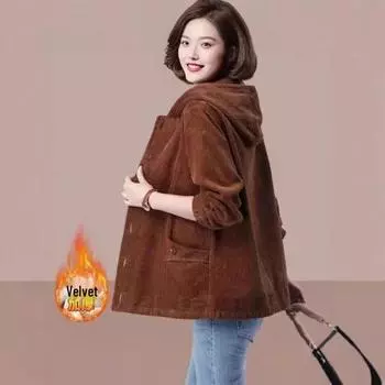 Женское утолщенное вельветовое пальто на флисовой подкладке - Повседневный, свободный, приталенный крой для осени и зимы XL