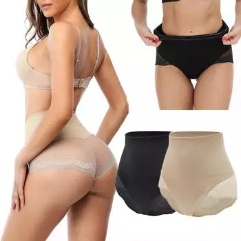 Женское утягивающее нижнее белье с высокой талией, утягивающие трусики с высокой посадкой, бесшовные сексуальные кружевные трусы, женские утягивающие трусы, корректирующее белье M/L телесный