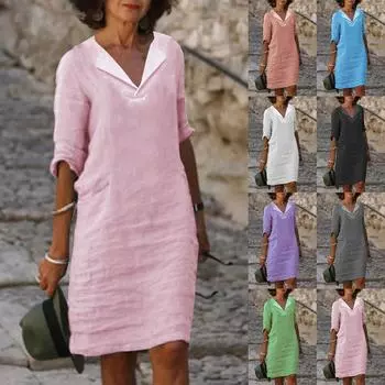 Женское утягивающее однотонное хлопковое льняное платье со средними рукавами и v-образным вырезом M зелёный