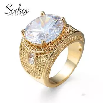 Женское ювелирное кольцо SODROV с большим белым цирконом золотого цвета 6