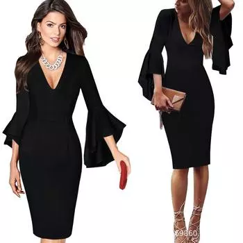 Женское узкое профессиональное платье-карандаш с v-образным вырезом и расклешенными рукавами XXXXXXL красный