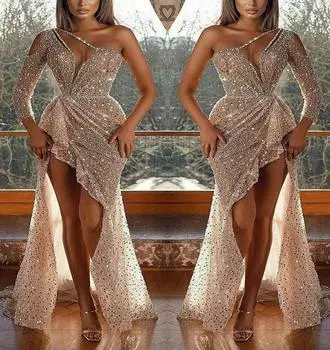 Женское вечернее качество, сексуальное вечернее платье с высоким разрезом и длинными рукавами и блестками, банкетное вечернее платье XXXL чёрный