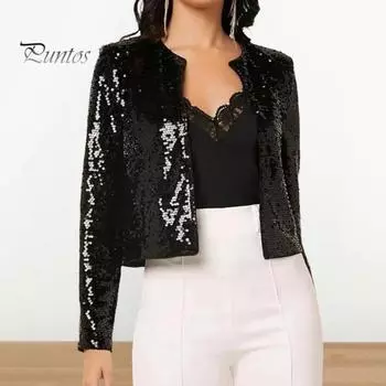 Женское вечернее пальто с пайетками, круглый вырез, ажурный кардиган с длинными рукавами, короткий однотонный пиджак для выступлений на сцене и клубных танцев XL чёрный