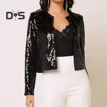 Женское вечернее пальто с пайетками, круглый вырез, ажурный кардиган с длинными рукавами, короткий однотонный пиджак для выступлений на сцене и клубных танцев XL чёрный