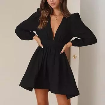 Женское вечернее платье, элегантное платье с V-образным вырезом и длинным рукавом, А-силуэт, модное однотонное мини-платье для офиса S чёрный