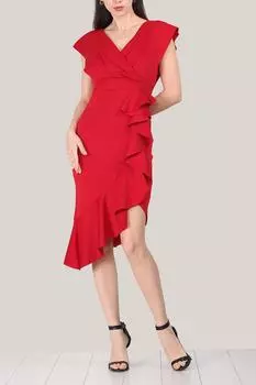 Женское вечернее платье асимметричного кроя с v-образным вырезом и рюшами