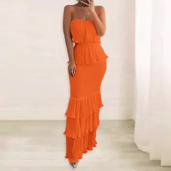 Женское вечернее платье-бандо без рукавов, эластичное, облегающее, с открытой спиной, плиссированное, с рюшами, с открытыми плечами, одноцветное, для коктейлей, вечеринок, банкетов S чёрный