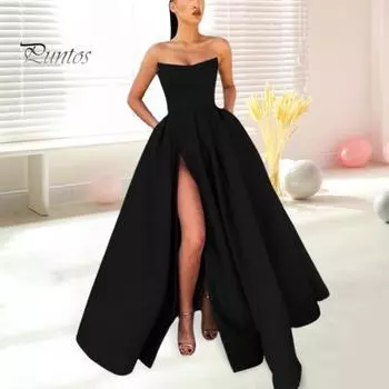 Женское вечернее платье-бандо с открытыми плечами и открытой спиной, без рукавов, с высоким разрезом, трапециевидной формы, с большими качелями, плиссированной спинкой, застежкой-молнией, свадебное платье макси S чёрный