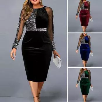 Женское вечернее платье, банкетное платье, подходящее по цвету, блестящие пайетки, длинные рукава, круглый вырез, сетка, лоскутное платье с высокой талией, облегающий весенне-осенний вечер L синий