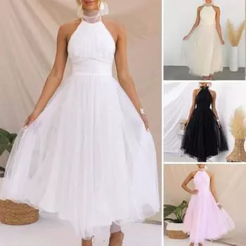 Женское вечернее платье без рукавов, многослойный воротник с открытой спиной, бретелька на шее, шнуровка, высокие открытые плечи, сетчатый подол S абрикосовый