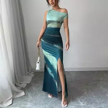Женское вечернее платье без рукавов с косым плечом, цветное, облегающее бедра, цельное S зелёный
