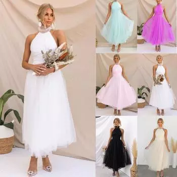 Женское вечернее платье без рукавов с многослойным воротником, открытой спиной, халтер-воротом, шнуровкой, высоким открытым плечом, сетчатым подолом XL белый