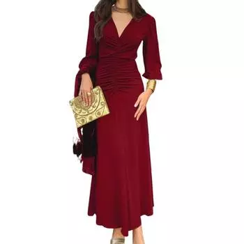 Женское вечернее платье бодикон с драпировкой, повседневное платье макси с длинным рукавом и V-образным вырезом для выпускного вечера, коктейльной вечеринки, формальное платье-русалка S