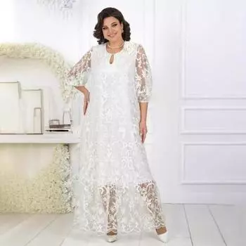 Женское вечернее платье больших размеров, прозрачное кружевное ажурное двухслойное платье с поясом и круглым вырезом, рукава три четверти, вечернее платье макси с вышивкой XL синий