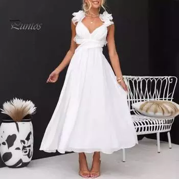 Женское вечернее платье Corss Back с оборками на спине, плиссированное, с глубоким V-образным вырезом, однотонное, без рукавов, на шнуровке, до щиколотки, платье для выпускного вечера, макси-платье S розовый