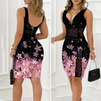 Женское вечернее платье для выпускного вечера с V-образным вырезом и разрезом подолу, без рукавов, узкая оболочка, с открытой спиной, кружевное лоскутное платье с цветочным принтом длиной выше колена, женское летнее мини-платье M
