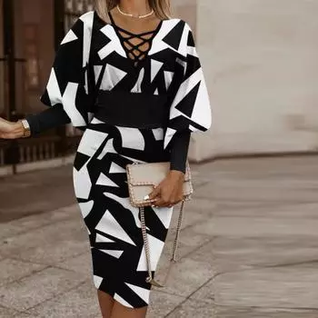 Женское вечернее платье для выпускного вечера с длинным рукавом-фонариком и цветным принтом, V-образным вырезом, облегающим, с высокой талией, длиной до колена, элегантное вечернее платье M чёрный