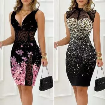 Женское вечернее платье для выпускного вечера с V-образным вырезом и разрезом подолу, без рукавов, узкая оболочка, с открытой спиной, кружевное лоскутное платье с цветочным принтом длиной выше колена, женское летнее мини-платье M чёрный