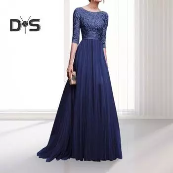 Женское вечернее платье для выпускного вечера с круглым вырезом и кружевной цветочной вышивкой с половиной рукавом с узкой талией в стиле пэчворк длиной до пола, плиссированное женское вечернее платье макси на осень и зиму S чёрный