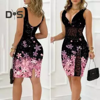 Женское вечернее платье для выпускного вечера с V-образным вырезом и разрезом подолу, без рукавов, узкая оболочка, с открытой спиной, кружевное лоскутное платье с цветочным принтом длиной выше колена, женское летнее мини-платье M чёрный