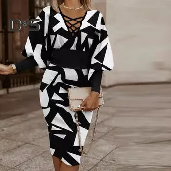 Женское вечернее платье для выпускного вечера с длинным рукавом-фонариком и цветным принтом, V-образным вырезом, облегающим, с высокой талией, длиной до колена, элегантное вечернее платье M чёрный