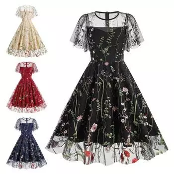 Женское вечернее платье, двухслойное сетчатое платье с цветочной вышивкой, трапециевидной формы, большие качели с короткими рукавами, круглым вырезом сзади, застежка-молния, платье миди для выпускного вечера S чёрный