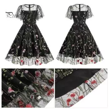 Женское вечернее платье, двухслойное сетчатое платье с цветочной вышивкой, трапециевидной формы, большие качели с короткими рукавами, круглым вырезом сзади, застежка-молния, платье миди для выпускного вечера S чёрный