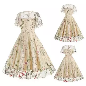 Женское вечернее платье, двухслойное сетчатое платье с цветочной вышивкой, трапециевидной формы, большие качели с короткими рукавами, круглым вырезом сзади, застежка-молния, платье миди для выпускного вечера S чёрный