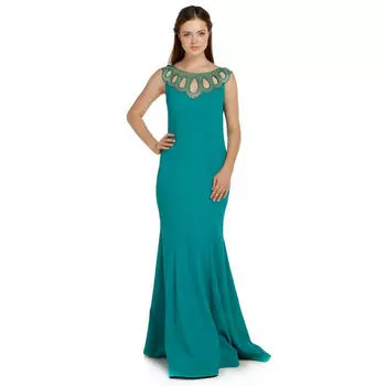Женское вечернее платье Fierte Azr4383 Круглый вырез с вырезом и вырезом из крепа Fish Green Coral Red