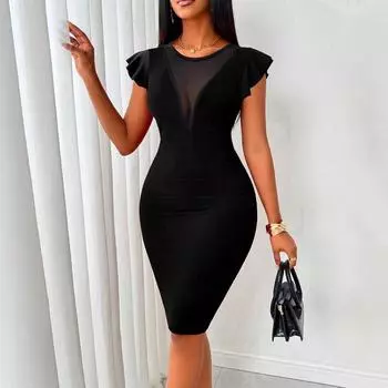 Женское вечернее платье из сетки с круглым вырезом, однотонное, облегающее бедра, элегантное, цельное S чёрный