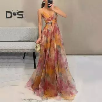 Женское вечернее платье из сетки с красочным принтом и низким вырезом, без рукавов, с открытой спиной, на тонких бретельках, плиссированное, трапециевидной формы, длиной до пола, с узкой талией S