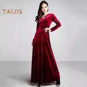 Женское вечернее платье из золотистого бархата с V-образным вырезом, плиссированное А-силуэта, однотонное, с длинными рукавами, длинное платье с высокой талией, вечернее платье макси S королевский синий