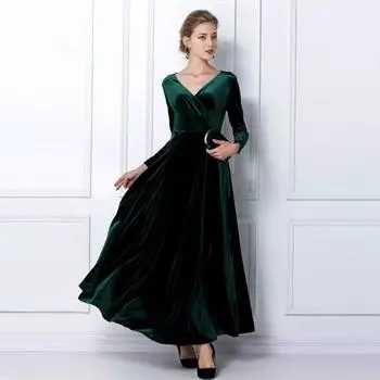 Женское вечернее платье из золотистого бархата с V-образным вырезом, плиссированное А-силуэта, однотонное, с длинными рукавами, длинное платье с высокой талией, вечернее платье макси S