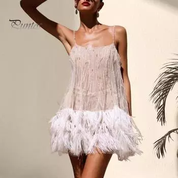 Женское вечернее платье-комбинация с многослойным подолом с бахромой, открытой спиной, без рукавов, с глубоким вырезом, без воротника, с пайетками, тонкое сетчатое коктейльное банкетное клубное мини-платье S белый