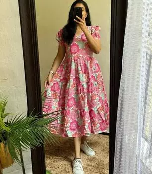 Женское вечернее платье, красивое хлопковое платье-миди с принтом, индийский пакистанский топ, туника, курти M розовый