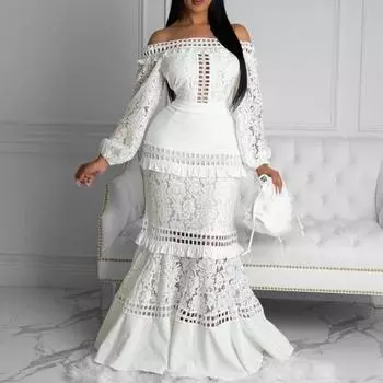 Женское вечернее платье, кружевное лоскутное платье с вырезом лодочкой и рюшами, длинное платье для банкета XL белый