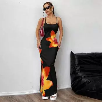 Женское вечернее платье на бретельках с цветочным принтом, облегающее бедра S