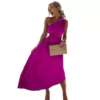 Женское вечернее платье на одно плечо, плиссированное с цветочным декором, с открытой спиной, без рукавов, с нерегулярным подолом, коктейльное свадебное платье миди XL красный/фиолетовый