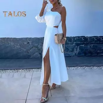 Женское вечернее платье на одно плечо, одна половина рукава, декор розы, с открытой спиной, сплошной цвет, молния сзади, боковой разрез, высокая талия, ажурное платье макси для выпускного вечера XL абрикосовый