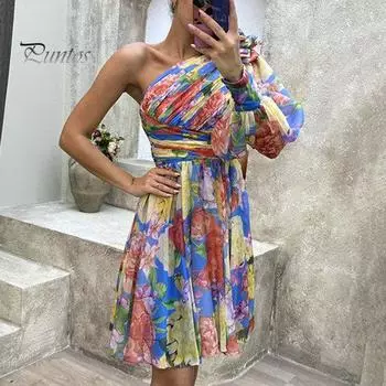 Женское вечернее платье на одно плечо с открытой спиной, красочное, с принтом тай-дай, с длинным рукавом, с цветочным декором, плиссированное, до колена, с наклонной шеей, бальное платье, вечерние, банкетное. M фиолетовый