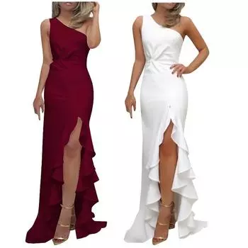 Женское вечернее платье на одно плечо с разрезом и рюшами и рюшами, тонкие платья макси XL винный