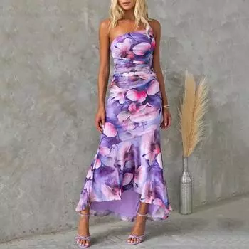 Женское вечернее платье На одно плечо Узкие с принтом Без рукавов Плиссированные Лоскутная с цветочным принтом Наклонный вырез с оборками Подол Пляжное L красный