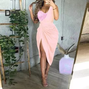 Женское вечернее платье на одно плечо с блестками и V-образным вырезом с узкой талией и разрезом подол, облегающее платье с открытой спиной и без рукавов, плиссированное женское бальное платье для выпускного вечера, платье миди XL зелёный