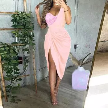 Женское вечернее платье на одно плечо с блестками и V-образным вырезом с узкой талией и разрезом подол, облегающее платье с открытой спиной и без рукавов, плиссированное женское бальное платье для выпускного вечера, платье миди XL зелёный