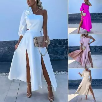 Женское вечернее платье на одно плечо, одна половина рукава, декор розы, с открытой спиной, сплошной цвет, молния сзади, боковой разрез, высокая талия, ажурное платье макси для выпускного вечера XL абрикосовый